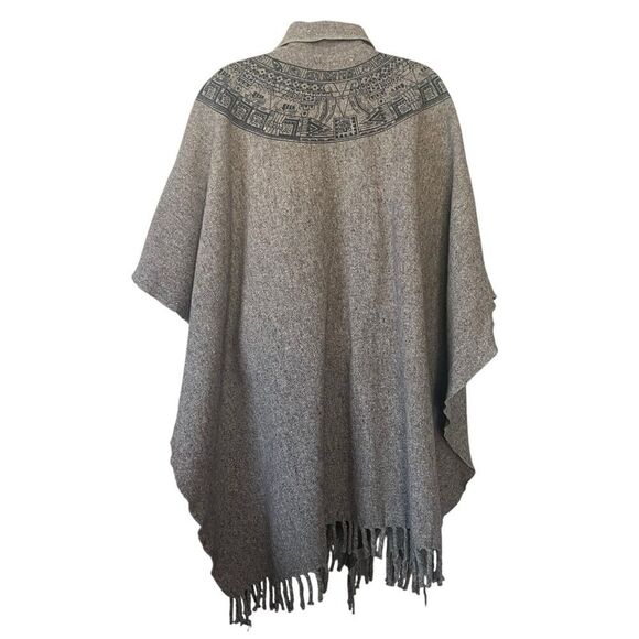 Vintage Molina Aztec Print Wool Poncho Walking Cape One Size Brown Fringe Brown - Picture 6 of 11